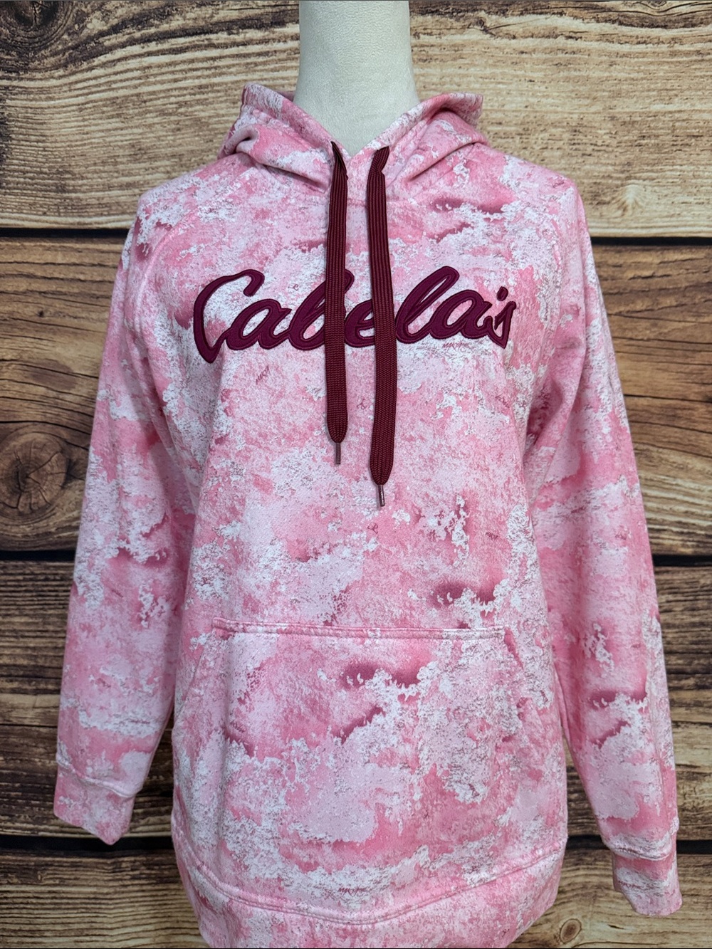 Cabela's Pink Marble Hoodie with Burgundy Drawstrings
